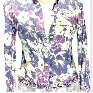 Anthro Ruffle Button Down  Shirt Blouse Top Purple Floral